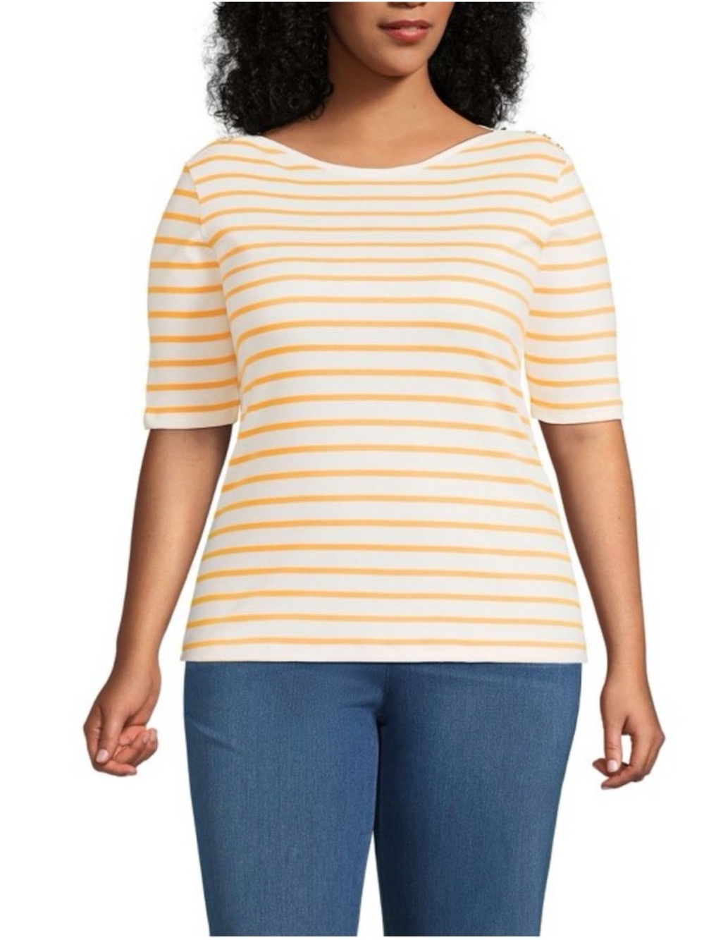Lands’ End Supima Cotton Boat Neck Top Yellow Stripe Button Shoulder M - Picture 2 of 8